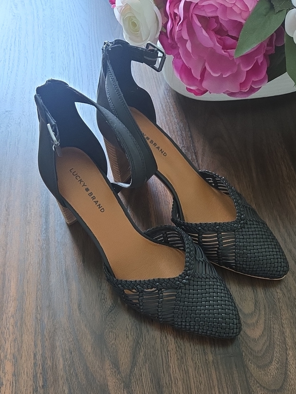 Lucky Brand Black Woven Pointed-Toe Ankle-Strap Heels